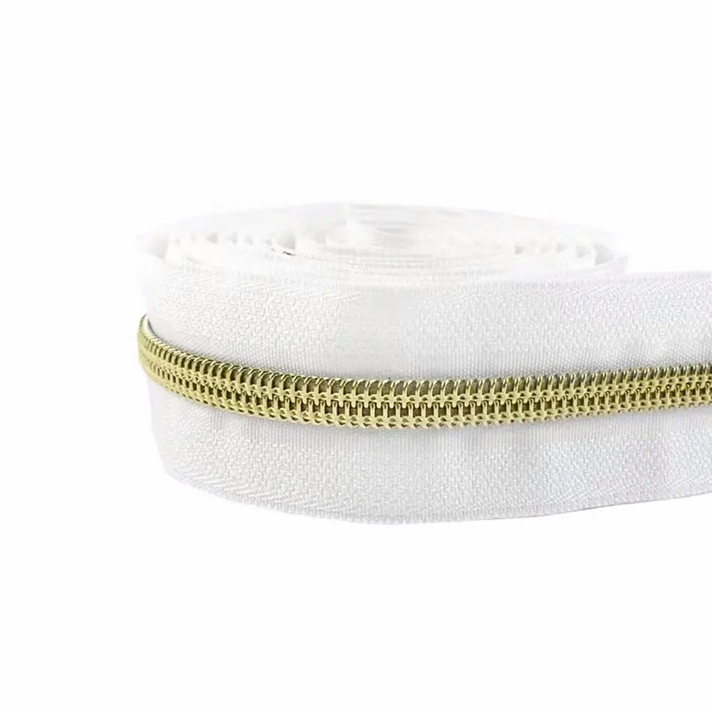 Endlosreißverschluss 5 Meter mit goldener 5 mm Raupe und weißem Band für Taschen und Nähprojekte