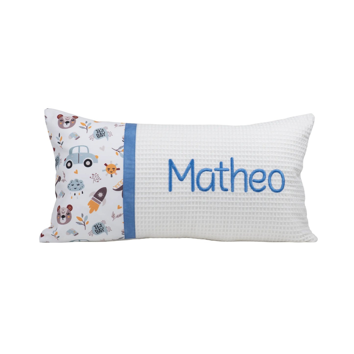 Personalisiertes Kissen Motivstoff Its a Boy mit Namen bestickt, Waffelpiqué, handgemacht
