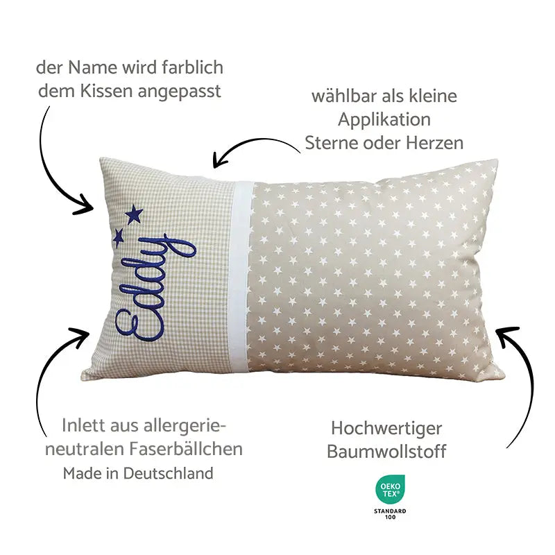 Personalisierte Kissen mit Namen und Motiv, Baumwollstoff Sterne und Erklärungen dazu