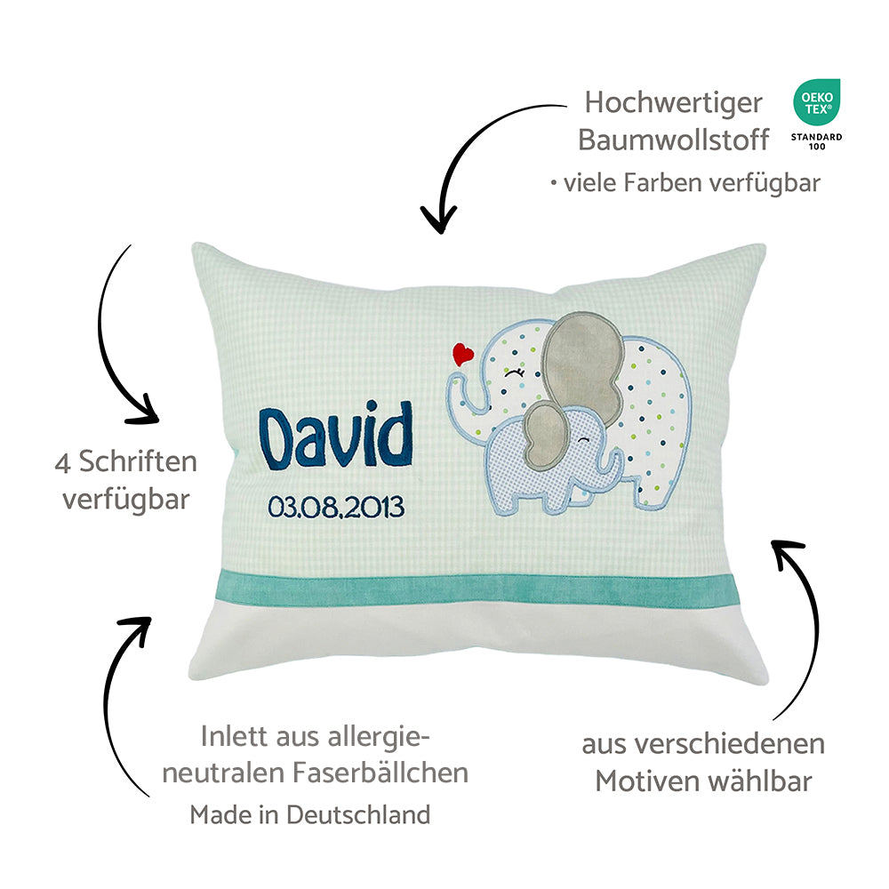 Personalisierte Kissen mit Namen und Motiv, Baumwollstoff kariert und Hinweise dazu
