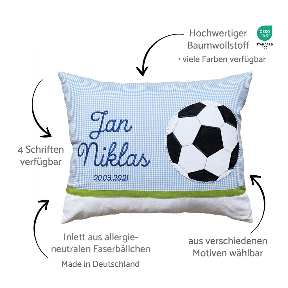 Personalisierte Kissen mit Namen und Motiv, Baumwollstoff kariert und Erklärungen dazu