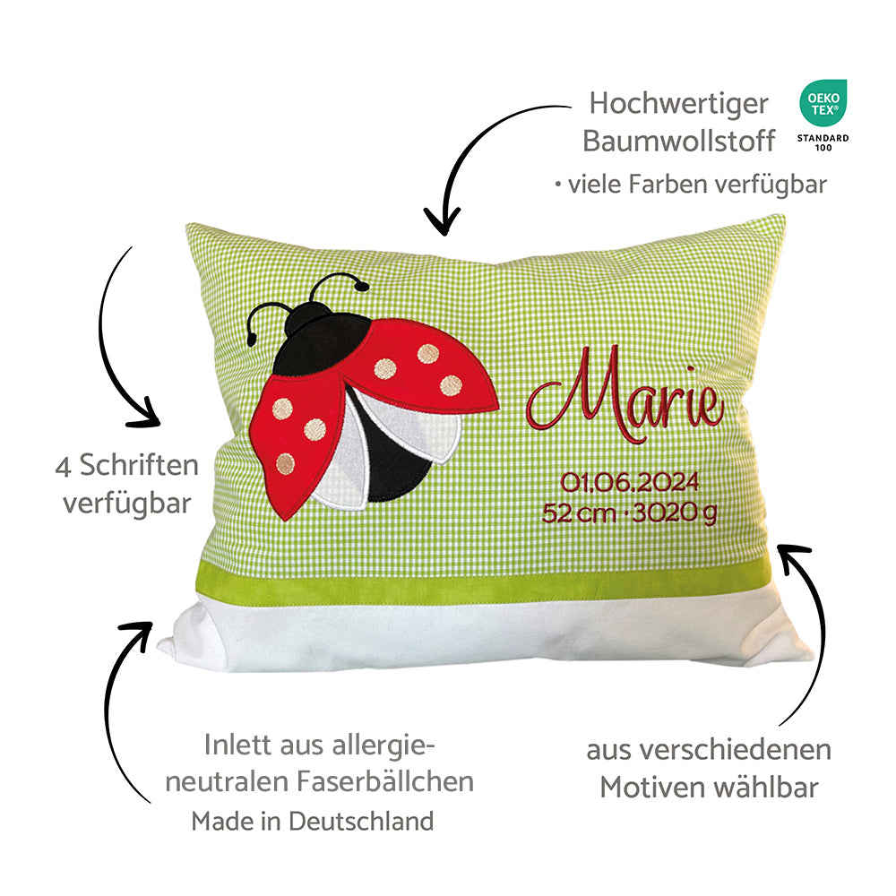 Personalisierte Kissen mit Namen und Motiv, Baumwollstoff kariert und Erklärungen dazu
