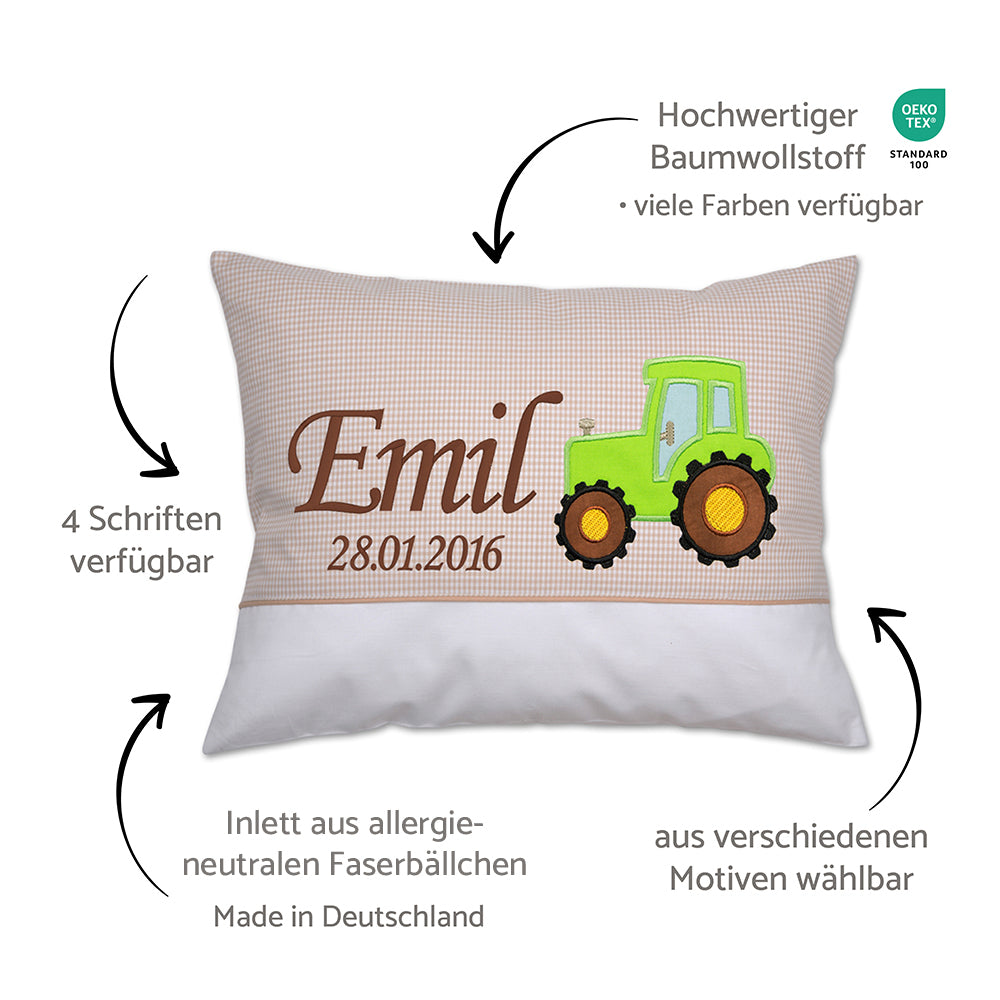 Personalisierte Kissen mit Namen und Motiv, Baumwollstoff kariert und Erklärungen dazu
