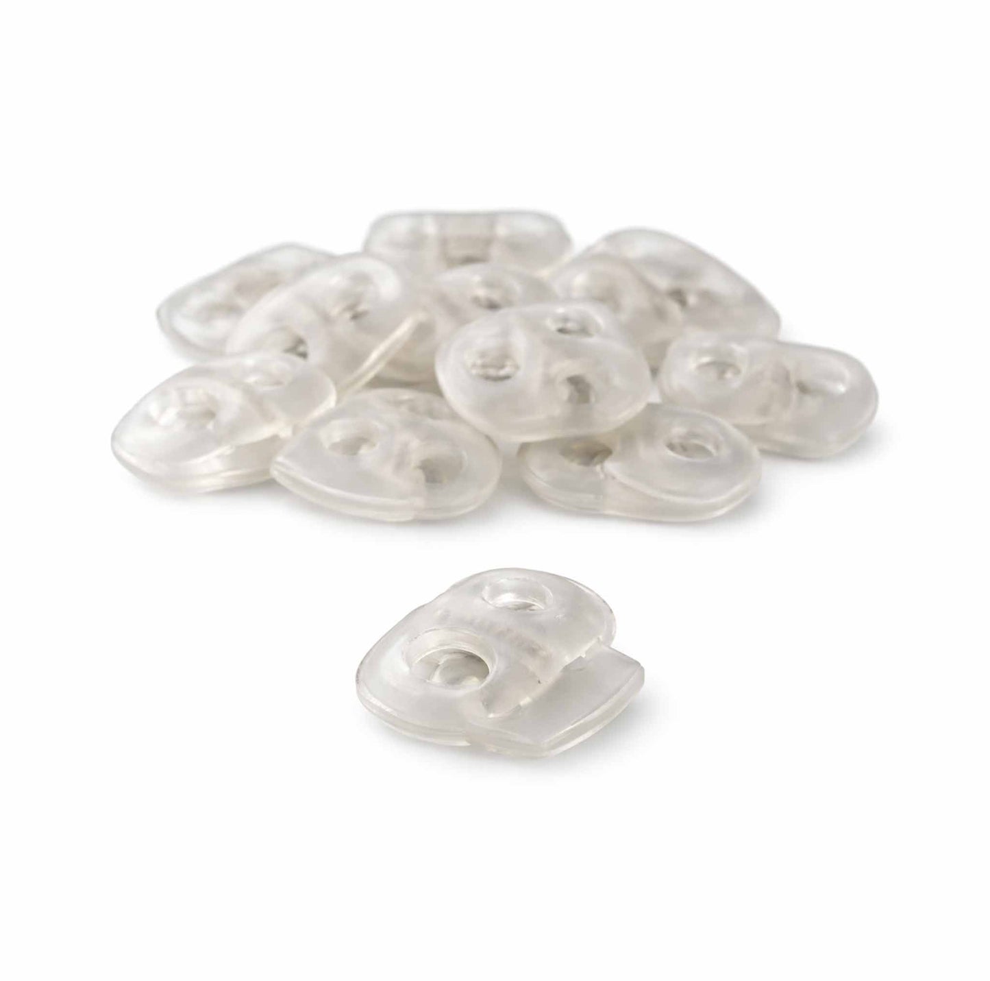 Kordelstopper transparent mit 2-Loch-System und starker Feder für sicheren Halt bei Kordeln bis 5 mm.