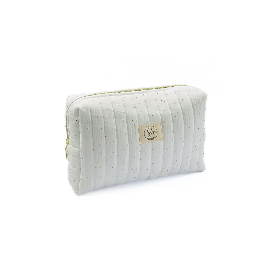 Kulturbeutel Musselin goldene Punkte personalisiert mit Name weiß