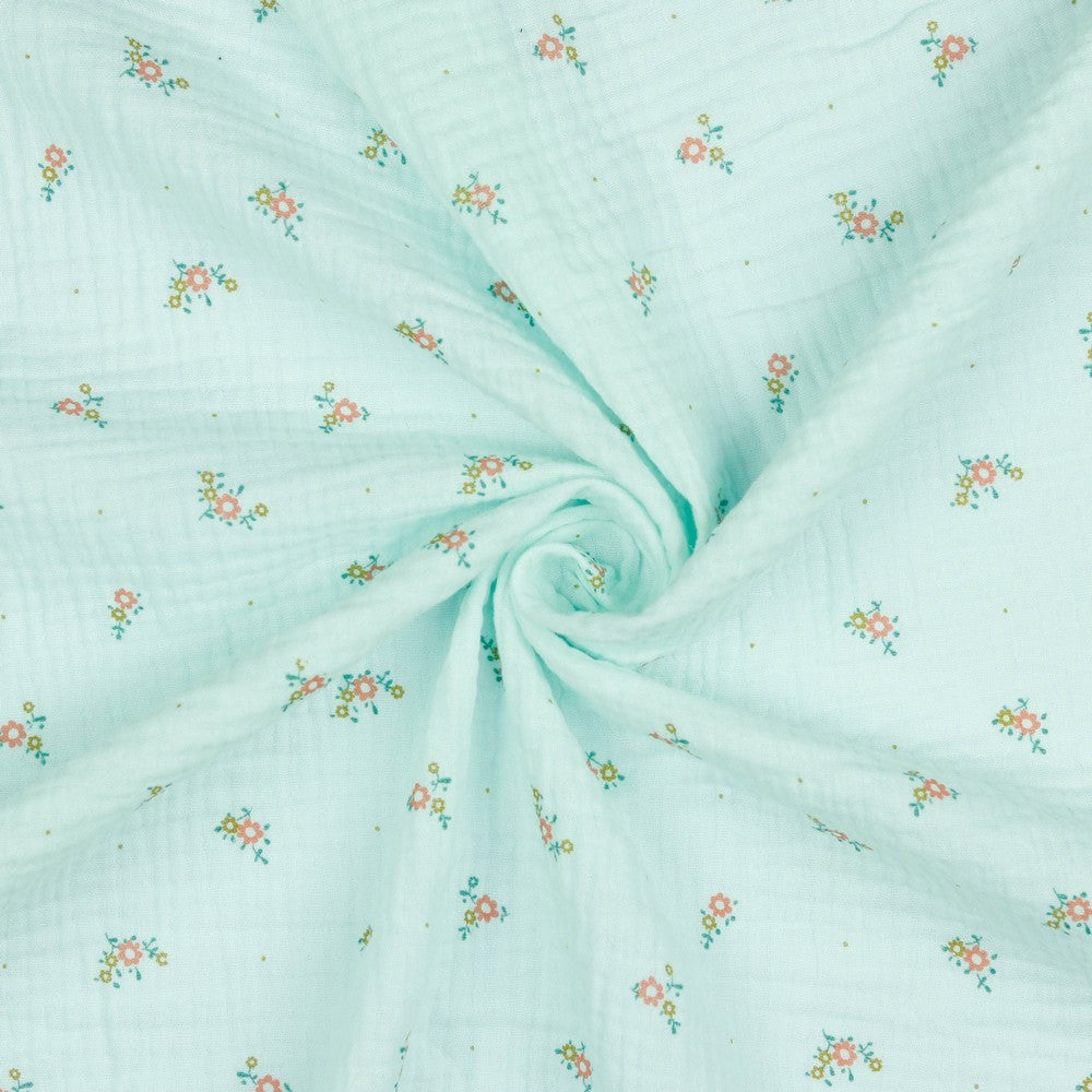 Musselin Double Gauze bedruckt Streublumen, Farbe Mint, Meterware