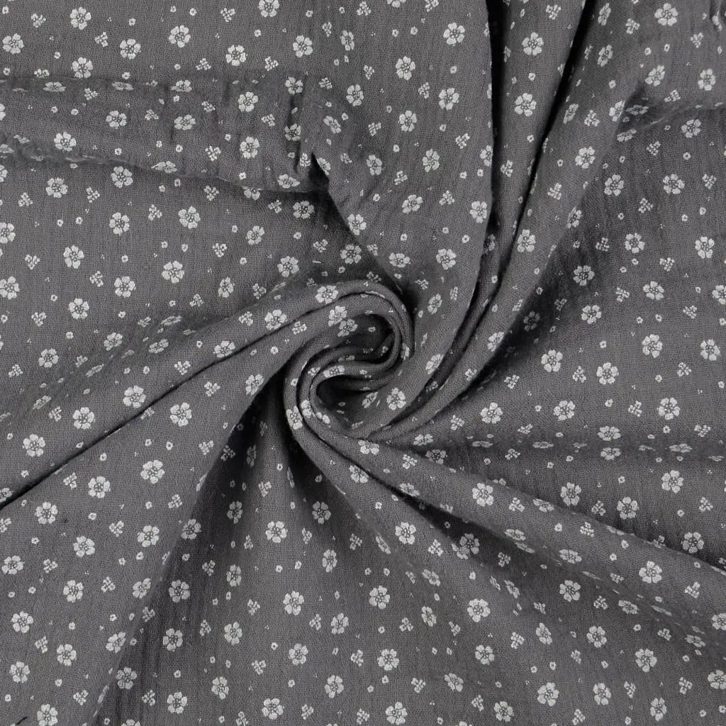 Musselin Double Gauze in Grau mit kleinen Blümchen – weiche Baumwoll Meterware