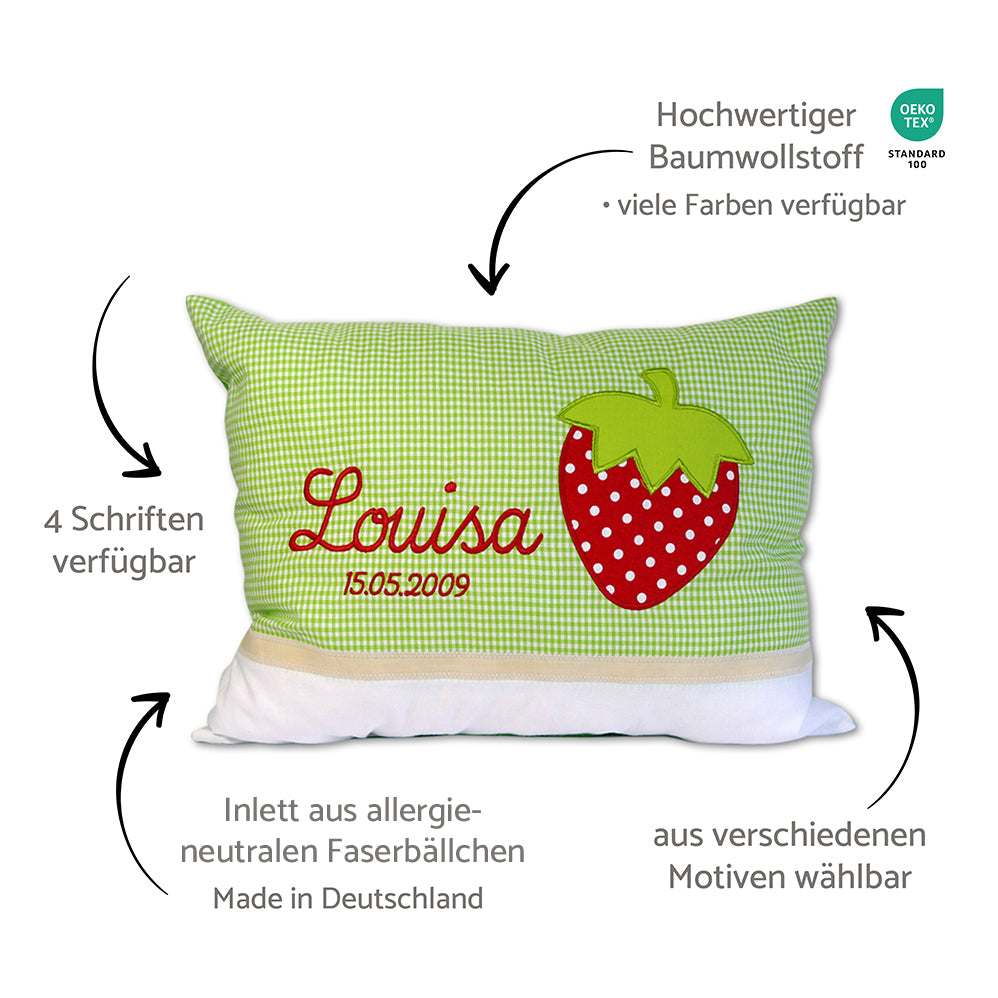 Personalisierte Kissen mit Namen und Motiv, Baumwollstoff kariert und Erklärungen dazu