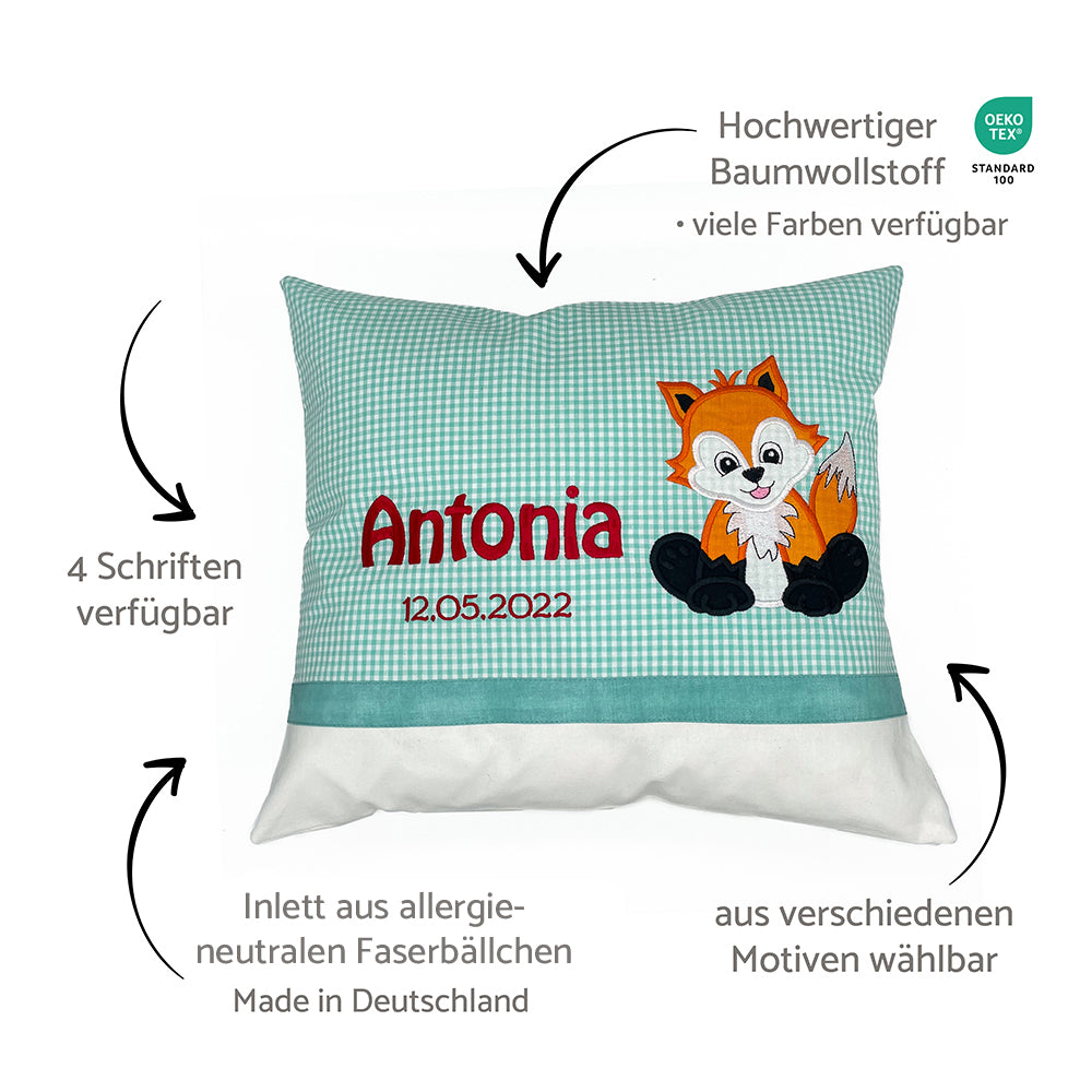 Personalisierte Kissen mit Namen und Motiv, Baumwollstoff kariert und Erklärungen dazu
