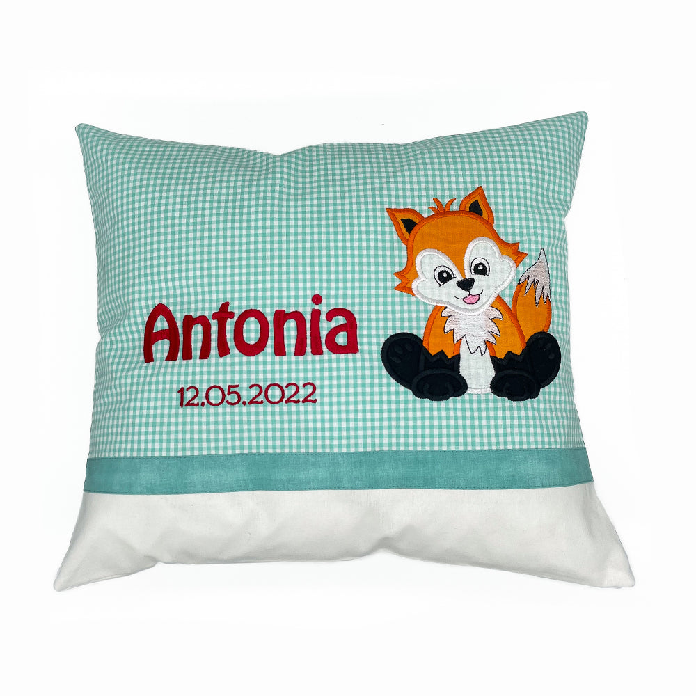 Personalisierte Kissen mit Namen und Motiv Fuchs aus Baumwollstoff genäht