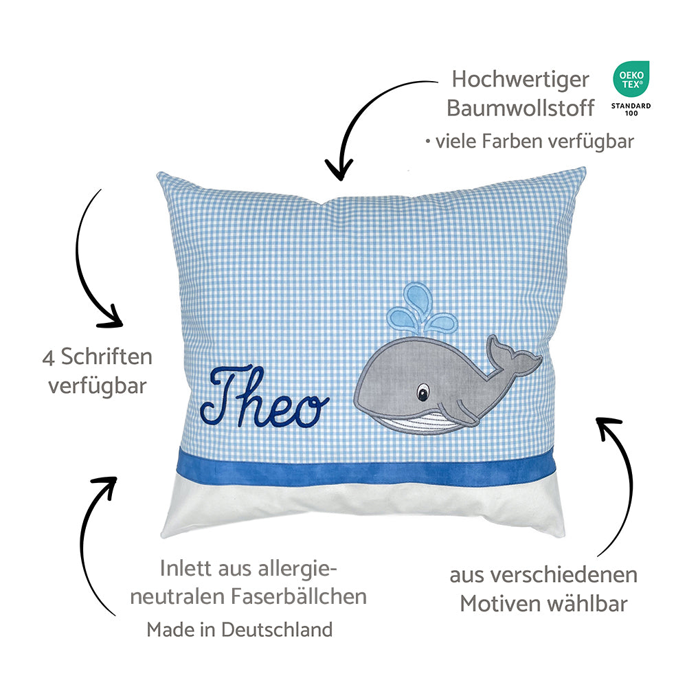 Personalisierte Kissen mit Namen und Motiv, Baumwollstoff kariert und Hinweise zum Kissen