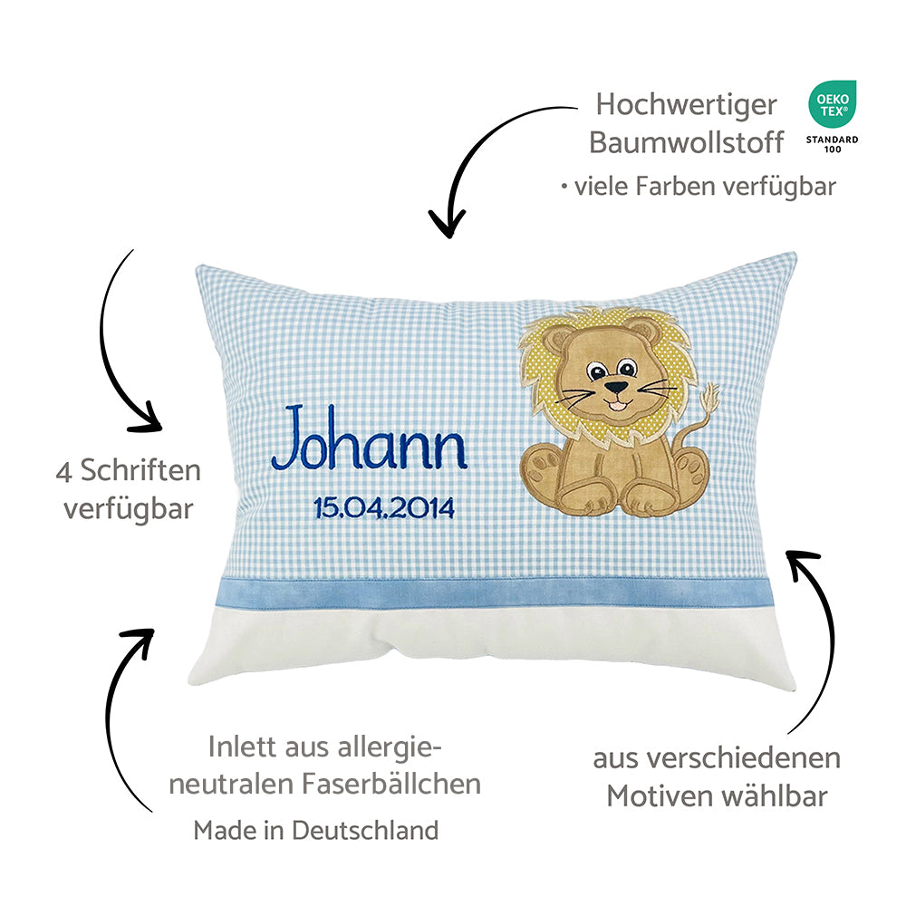 Personalisierte Kissen mit Namen und Motiv, Baumwollstoff kariert und Erklärungen dazu