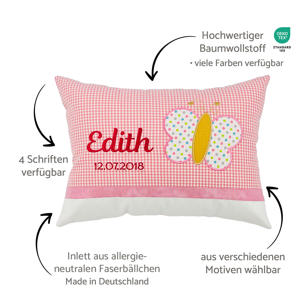 Personalisierte Kissen mit Namen und Motiv, Baumwollstoff kariert und Erklärungen dazu