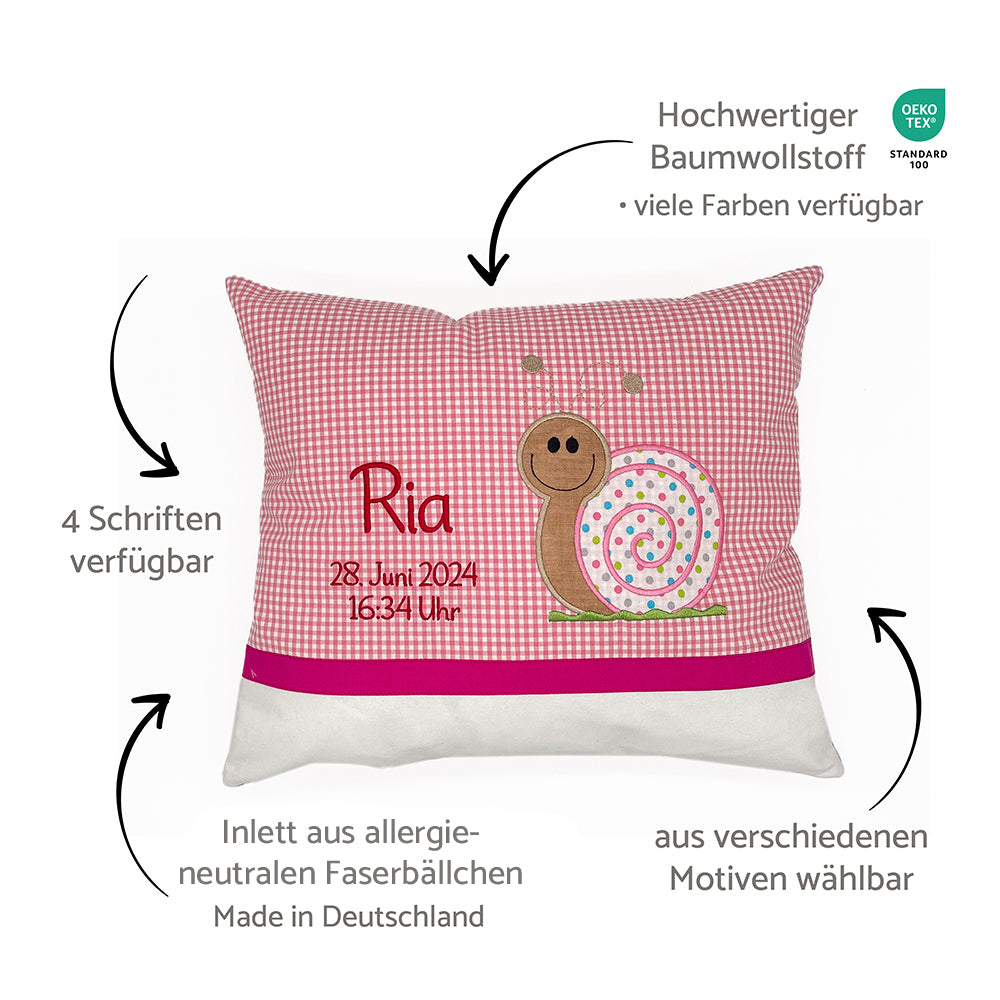 Personalisierte Kissen mit Namen und Motiv, Baumwollstoff kariert und Erklärungen dazu