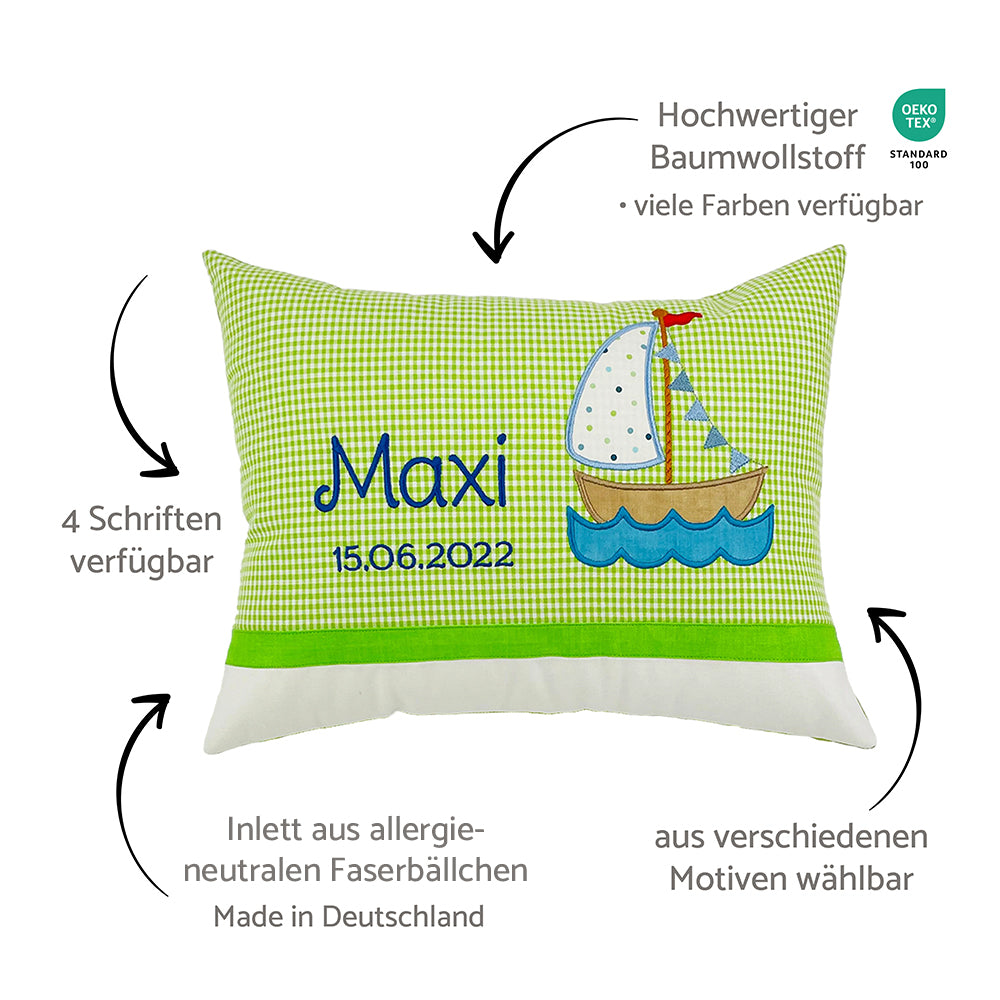 Personalisierte Kissen mit Namen und Motiv, Baumwollstoff kariert und Hinweise zum Kissen