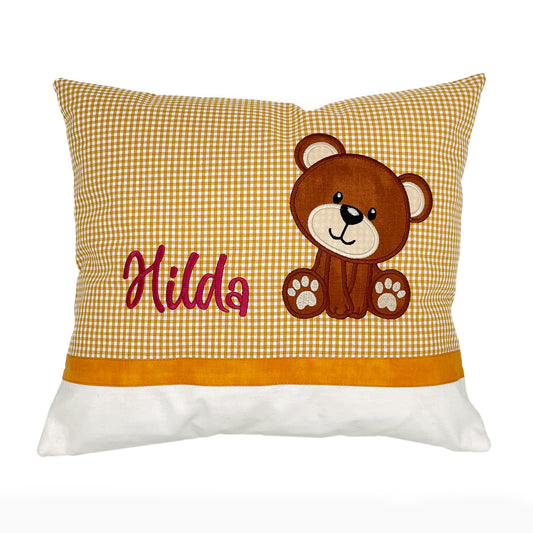 Personalisiertes Kissen mit Namen und Motiv Teddy aus Baumwollstoff genäht
