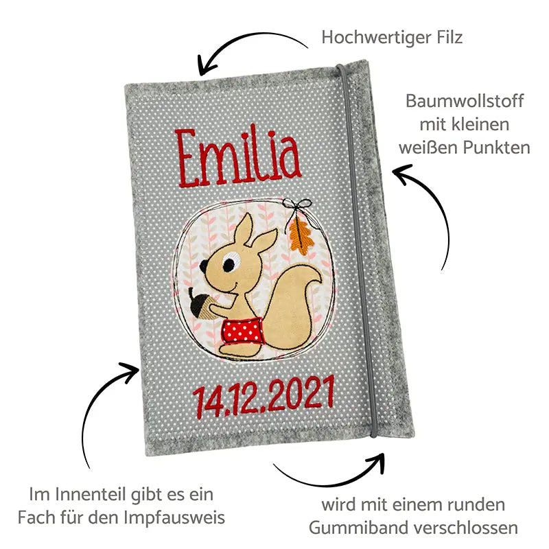 U-Heft Hülle aus hochwertigem Filz und Baumwollstoff mit Namen und Motiv und Hinweisen zur Hülle