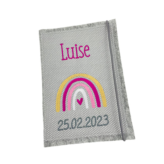 Personalisierte U-Heft Hülle mit Namen und Datum, Motiv Regenbogen und Stickfilz