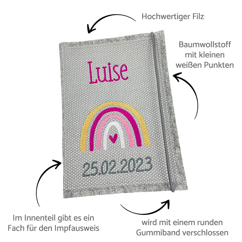U-Heft Hülle aus hochwertigem Filz und karierten Baumwollstoff mit Namen und Motiv und Hinweisen zur Hülle