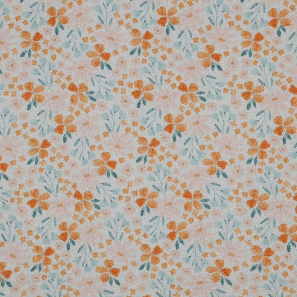 Musselin Stoff aus Baumwolle mit floralem Aquarell-Muster in Orange und Grün auf weißem Hintergrund, weich und luftig mit typischer Crinkle-Struktur
