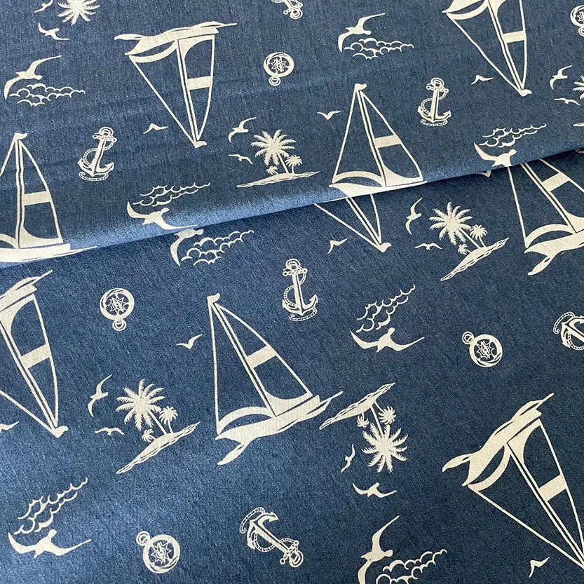 Jeansstoff maritime Muster mit Booten und Palmen, Farbe Blau, Meterware