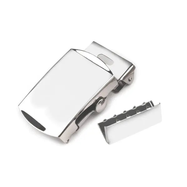 Silberfarbene Gürtelschnalle aus Metall für 30 mm Gurtband mit passendem Endstück, glänzende Oberfläche, Maße 34 x 58 mm
