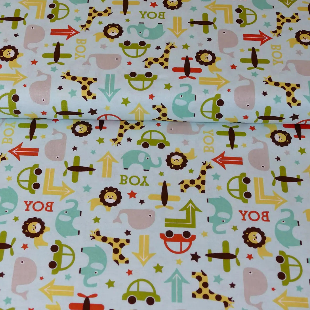 Baumwollstoff Patchwork Oh Boy! Tiere und Fahrzeuge, mint Riley Blake Meterware