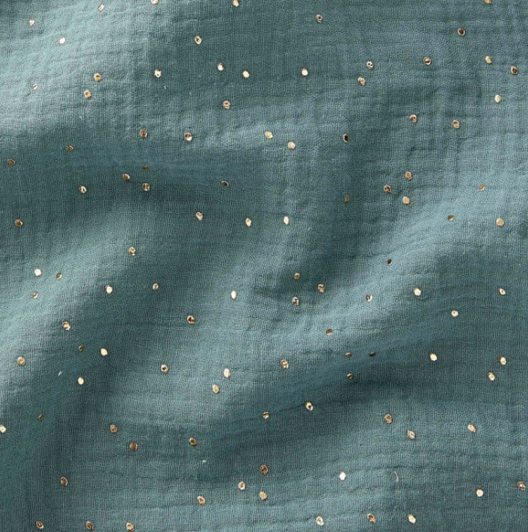 Baumwoll Musselin Double Gauze mit goldenen Dots Eukalyptus Meterware