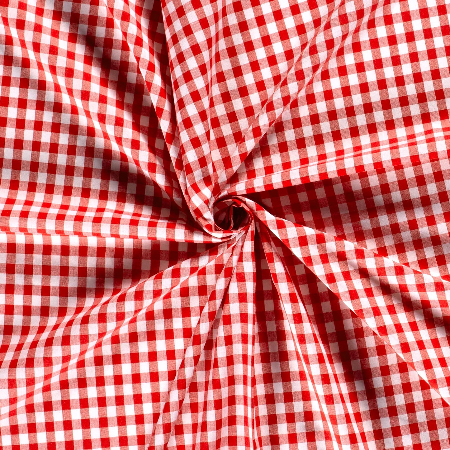 Baumwoll Webware kariert in Rot mit 1 cm großen Karos, Detailaufnahme der gefalteten Baumwoll-Webware