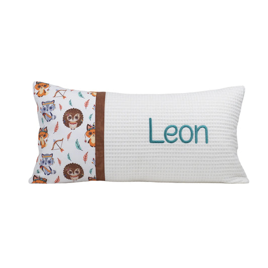 Personalisiertes Kissen Motivstoff Fuchs Igel Waschbär mit Namen bestickt, Waffelstoff, handgemacht