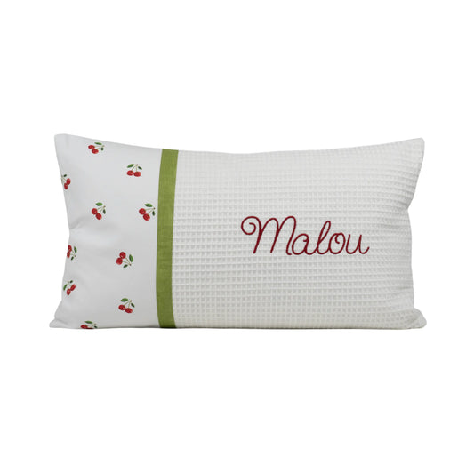 Personalisiertes Kissen Motivstoff Kirschen mit Namen bestickt, Waffelstoff, handgemacht