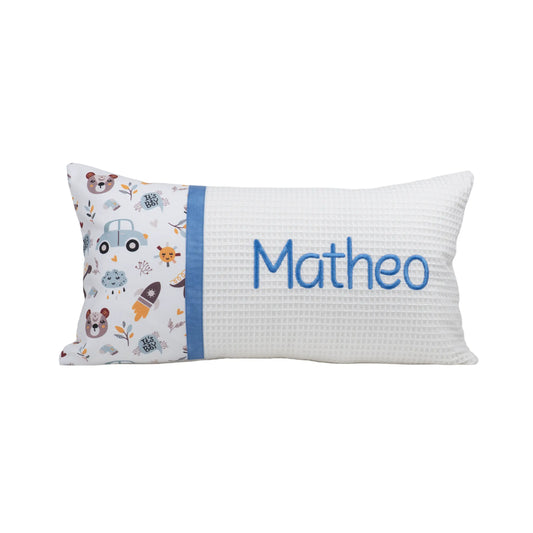 Personalisiertes Kissen Motivstoff Rakete Auto Teddy mit Namen bestickt, Waffelstoff, handgemacht