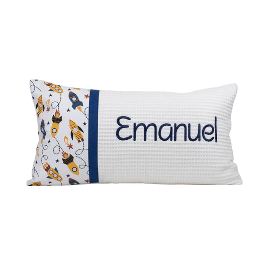 Personalisiertes Kissen Motivstoff Weltraum Raketen mit Namen bestickt, Waffelstoff, handgemacht