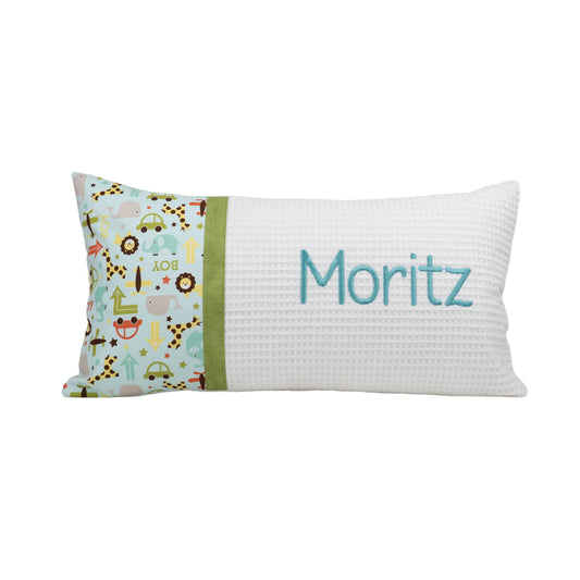 Personalisiertes Kissen Motivstoff Elefant Löwe Auto Giraffe Flugzeug mit Namen bestickt, Waffelstoff, handgemacht