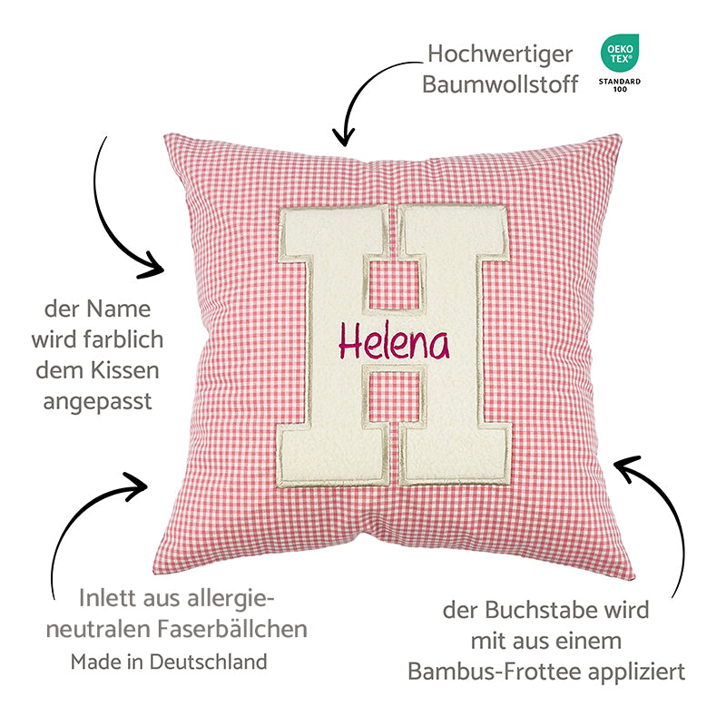 Personalisierte Kissen mit Namen und Motiv, Baumwollstoff kariert und Erklärungen dazu