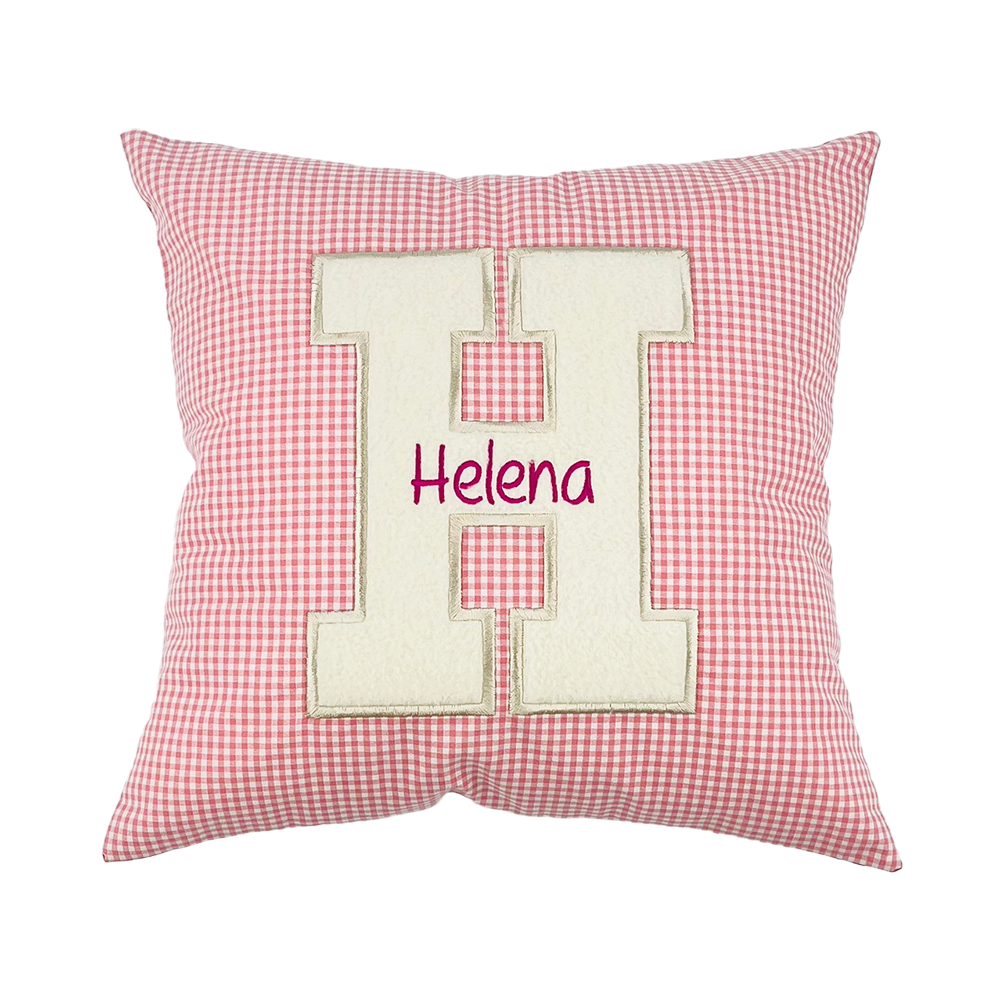 personalisiertes Kissen mit Namen und Motiv, aus Baumwollstoff in Rosa Kariert genäht