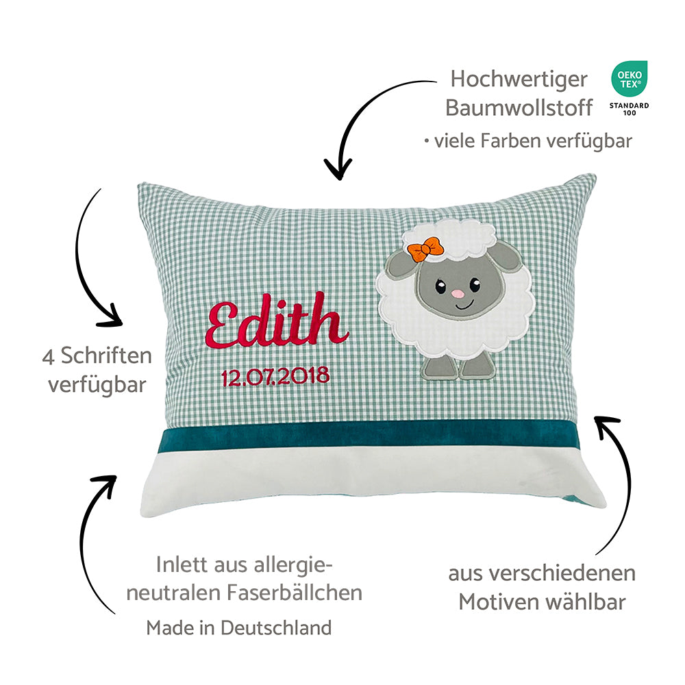 Personalisierte Kissen mit Namen und Motiv, Baumwollstoff kariert und Erklärungen dazu