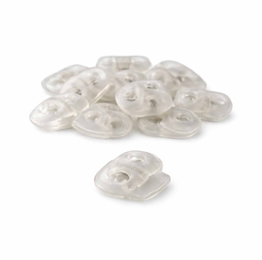 Kordelstopper transparent mit 2-Loch-System und starker Feder für sicheren Halt bei Kordeln bis 5 mm.