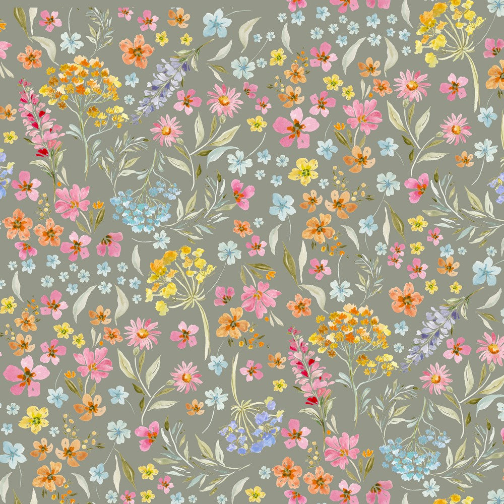 Popeline Baumwollstoff mit Wiesenblumen in Salbei, Meterware