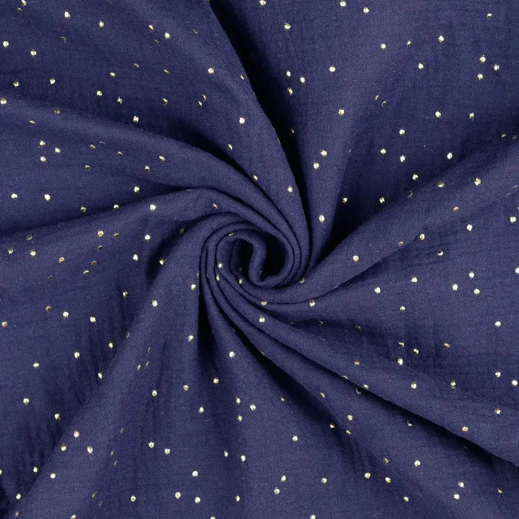 Musselin Double Gauze in Dunkelblau mit goldenen Punkten – Baumwollstoff Meterware