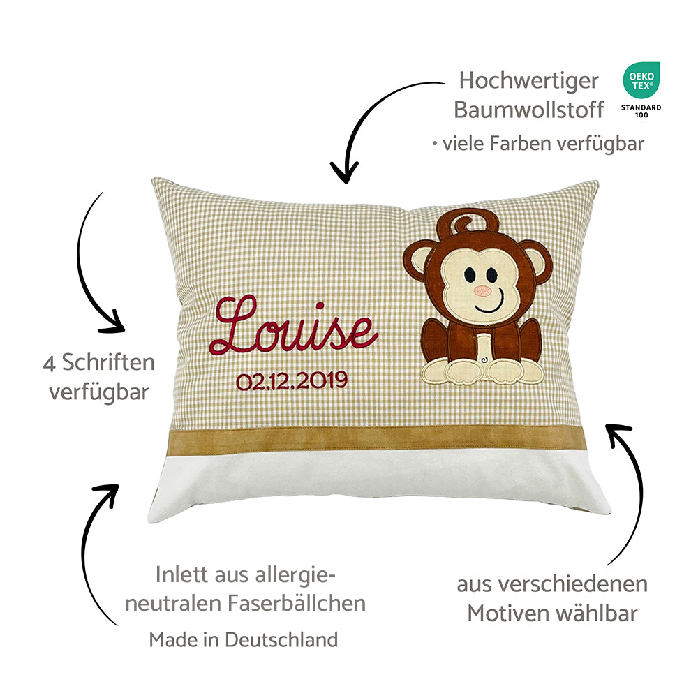 Personalisierte Kissen mit Namen und Motiv, Baumwollstoff kariert und Erklärungen dazu