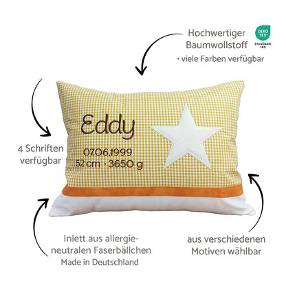 Personalisierte Kissen mit Namen und Motiv, Baumwollstoff kariert und Hinweise zum Kissen