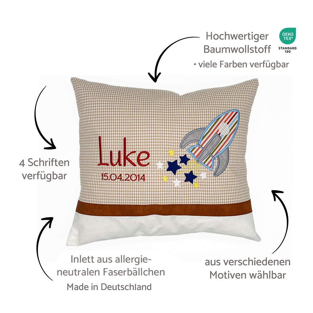 Personalisierte Kissen mit Namen und Motiv, Baumwollstoff kariert und Erklärungen dazu