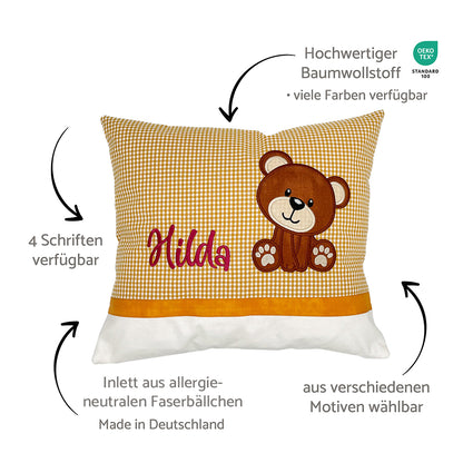 Personalisierte Kissen mit Namen und Motiv, Baumwollstoff kariert und Erklärungen dazu