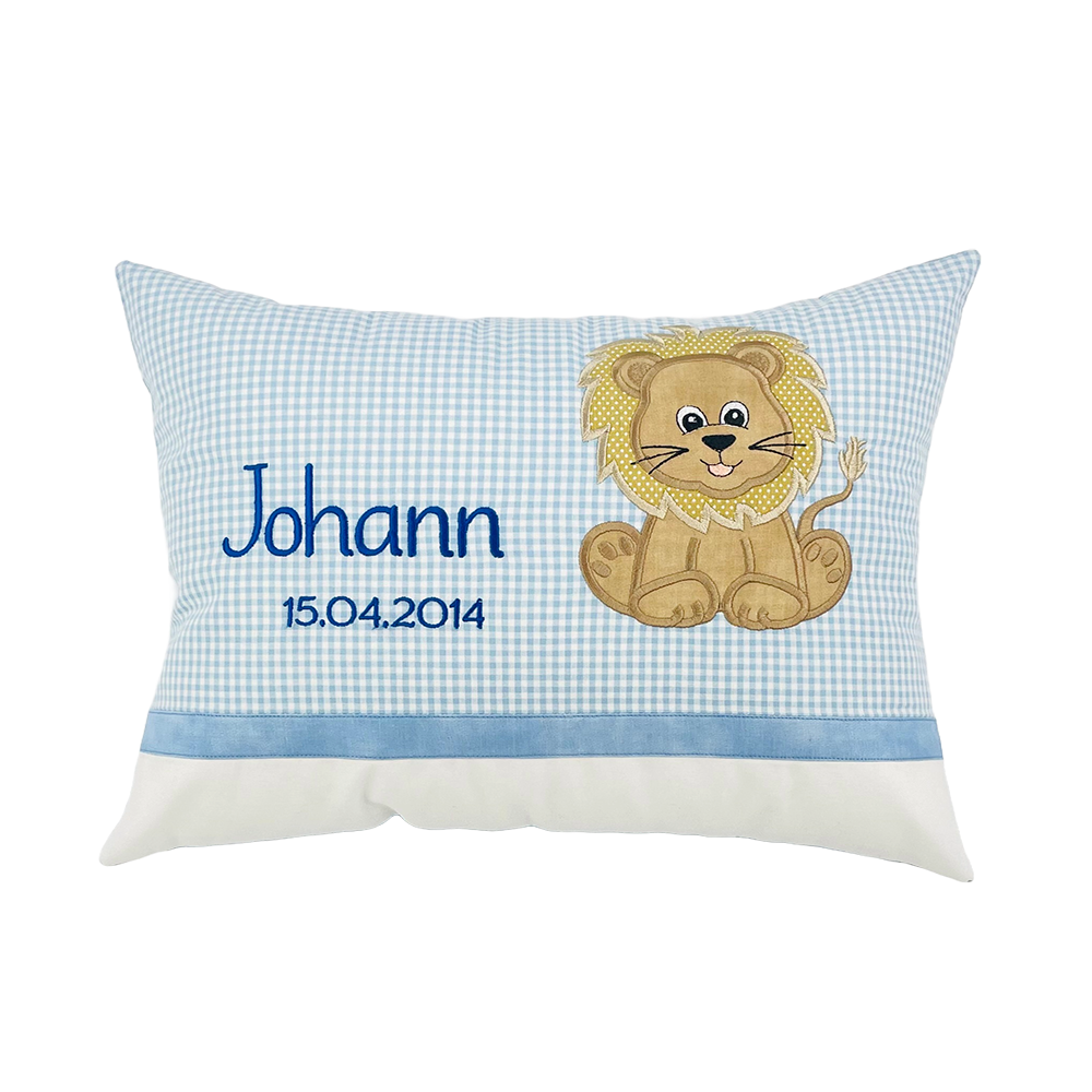 Personalisiertes Kissen mit Namen und Motiv Löwe aus Baumwollstoff genäht