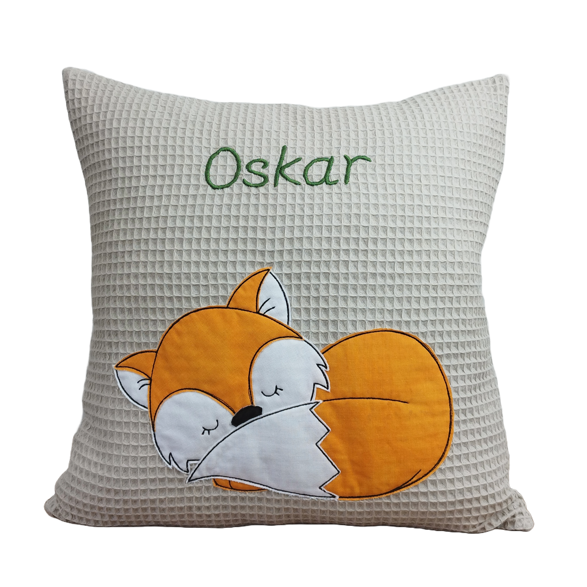 Personalisierte Kissen mit Namen und Motiv Fuchs und aus Waffelstoff genäht
