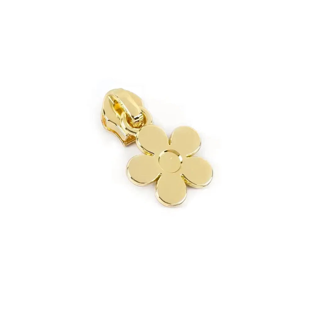 Reißverschluss Schieber #5 Blume in Hellgold aus Edelstahl – dekorativer Schieber für Endlosreißverschluss 5 mm, 5 Stück für Taschen und DIY-Nähprojekte