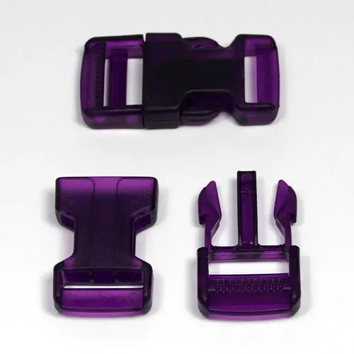 Transparente lila Steckschließe aus Kunststoff (Klickverschluss) für Handmade-Nähprojekte mit 25 mm Gurtband – ideal für selbstgenähte Taschen, Rucksäcke oder Accessoires, bestehend aus Ober- und Unterteil.