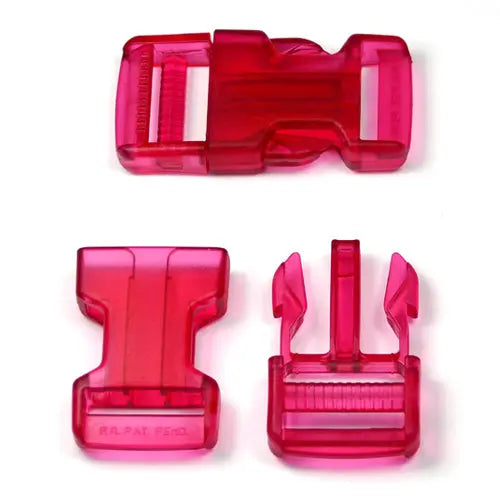 Transparente pinke Steckschließe aus Kunststoff (Klickverschluss) für Handmade-Nähprojekte mit 25 mm Gurtband – ideal für selbstgenähte Taschen, Rucksäcke oder Accessoires, bestehend aus Ober- und Unterteil.
