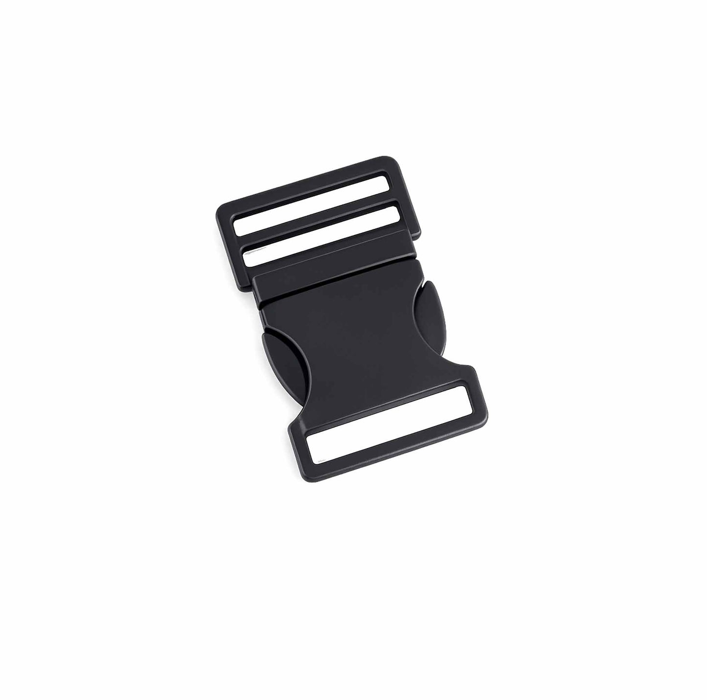 Steckschnalle aus Metall in Schwarz für 30 mm Gurtband, leicht gewölbte Form, Maße 35 x 52 cm